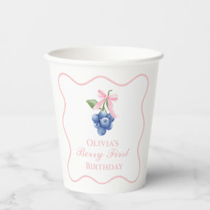 Berry First Blueberry birthday Pink Bow Gingham Paper Cups