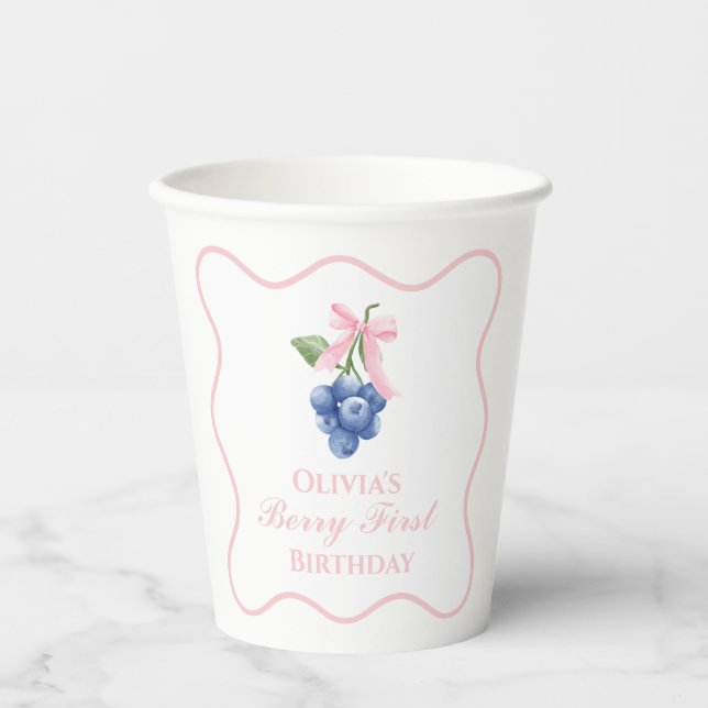 Berry First Blueberry birthday Pink Bow Gingham Paper Cups (Front)