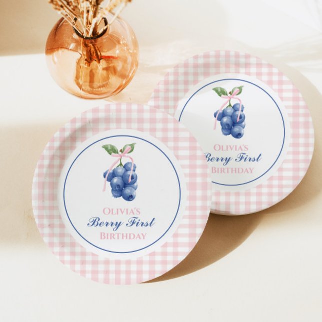 Berry First blueberry birthday Pink Bow Gingham Paper Plate (Creator Uploaded)