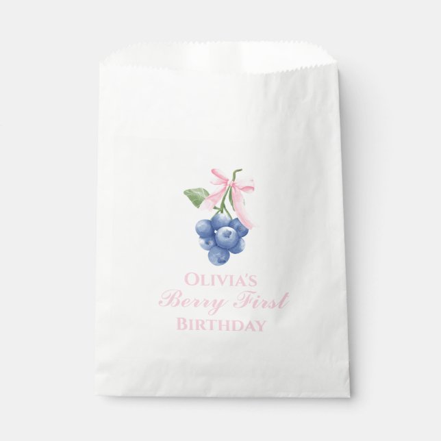 Berry First blueberry Coquette birthday Pink Bow Favour Bags (Front)