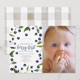 Berry First Blueberry Greenery 1st Birthday Photo Invitation