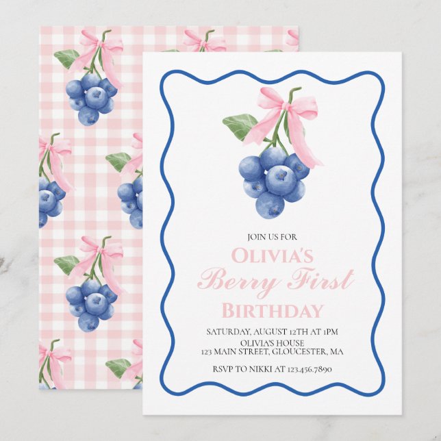 Berry First Blueberry Pink Bow Coquette birthday Invitation (Front/Back)