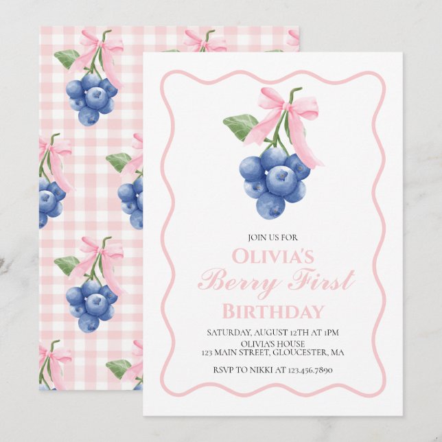 Berry First Blueberry Pink Bow Coquette birthday Invitation (Front/Back)