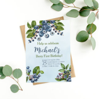 Berry First blueberry summer Birthday invitation