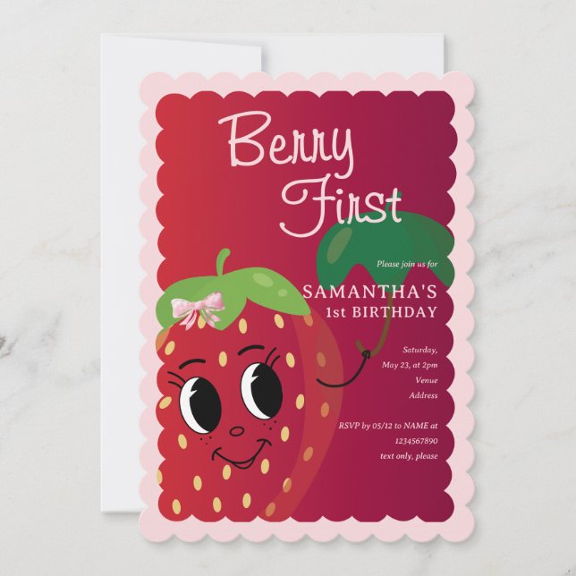 Berry First Cartoon Strawberry Girl 1st Birthday Invitation (Front)