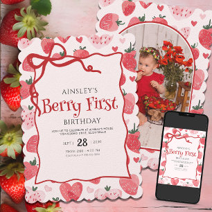 Berry First Coquette Pink Bow Photo 1st Birthday  Invitation