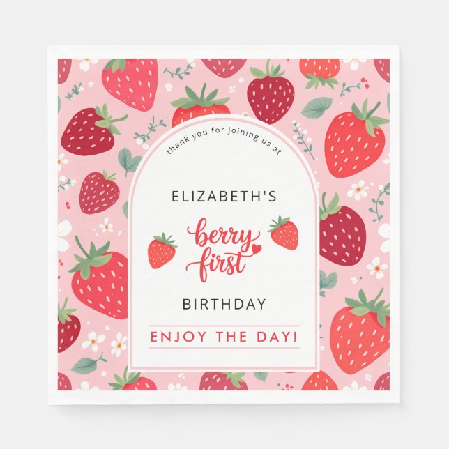 Berry First Cute 1st Birthday Girl's Strawberry Napkin (Front)