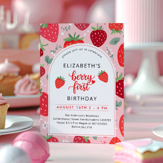 Berry First Cute 1st Birthday Strawberry Photo Invitation
