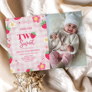 Berry First Cute 2nd Birthday Strawberry Photo Invitation