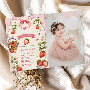 Berry First Cute 2nd Birthday Strawberry Photo Invitation