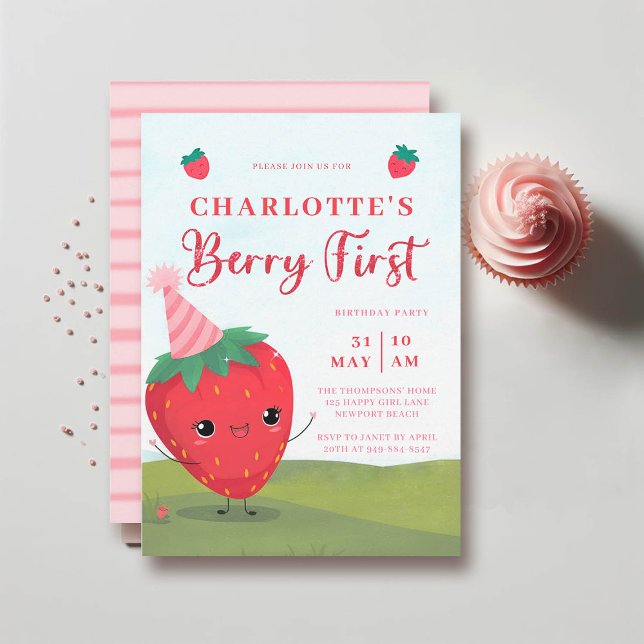 Berry First Cute Strawberry Character 1st Birthday Invitation (girl berry first birthday party invitation cute watercolor strawberry character)