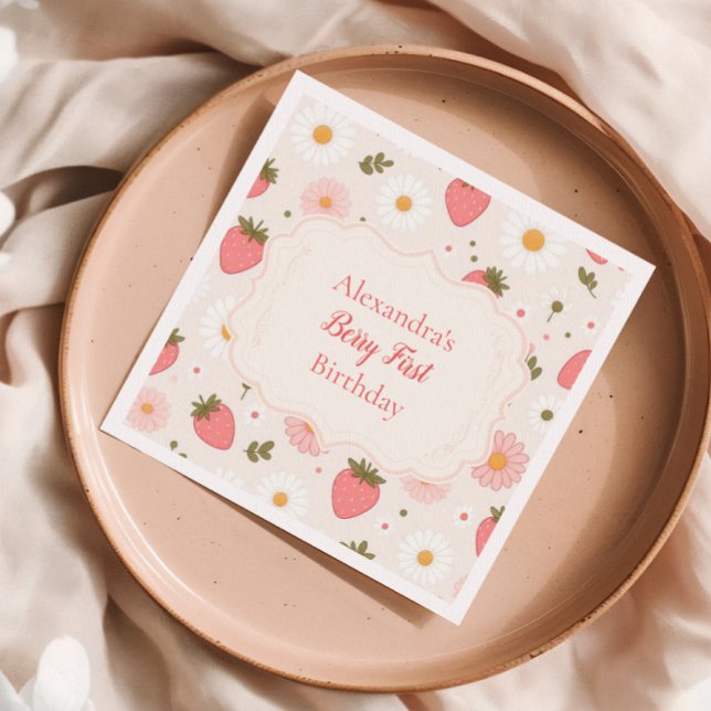 Berry First | Cute Strawberry Girl 1st Birthday Napkin (Creator Uploaded)