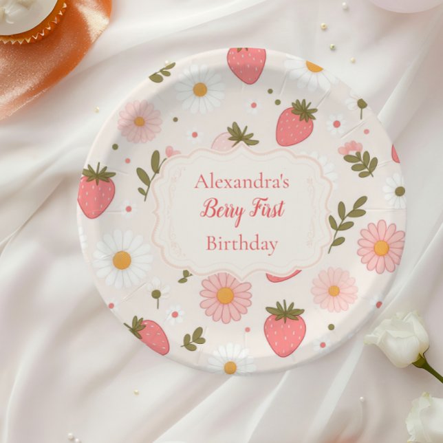Berry First | Cute Strawberry Girl 1st Birthday Paper Plate (Creator Uploaded)