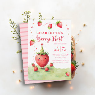 Berry First Cute Strawberry Patch 1st Birthday Invitation