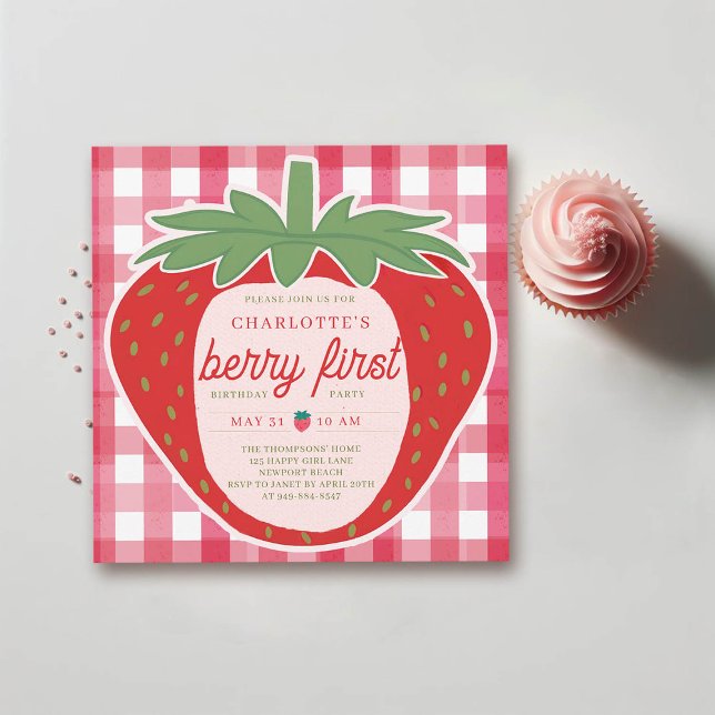 Berry First Giant Strawberry Sweet 1st Birthday Invitation (berry first birthday party 1st girl strawberry red pink watercolor gingham spring summer cute)