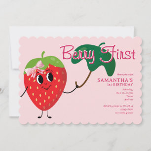 Berry First Girl Cartoon Strawberry 1st Birthday Invitation