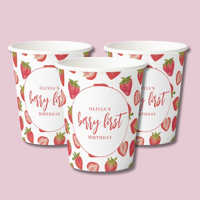 Berry First girls strawberry 1st birthday party Paper Cups (Personalized strawberry Berry First Birthday Party Kids Girls party paper cups)