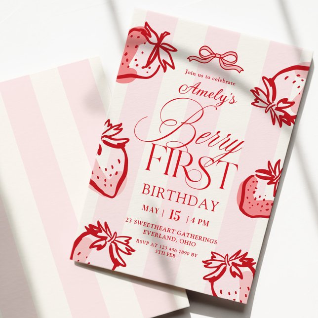 Berry First Hand Drawn Bow Strawberry Birthday Invitation (Creator Uploaded)