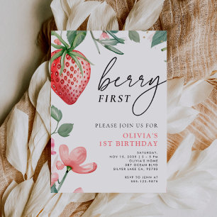 Berry First Pink Floral 1st Birthday Invitation