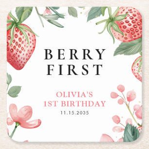 Berry First Pink Floral 1st Birthday Square Paper Coaster