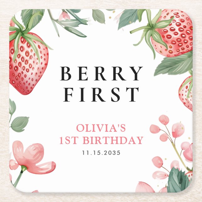 Berry First Pink Floral 1st Birthday Square Paper Coaster (Front)