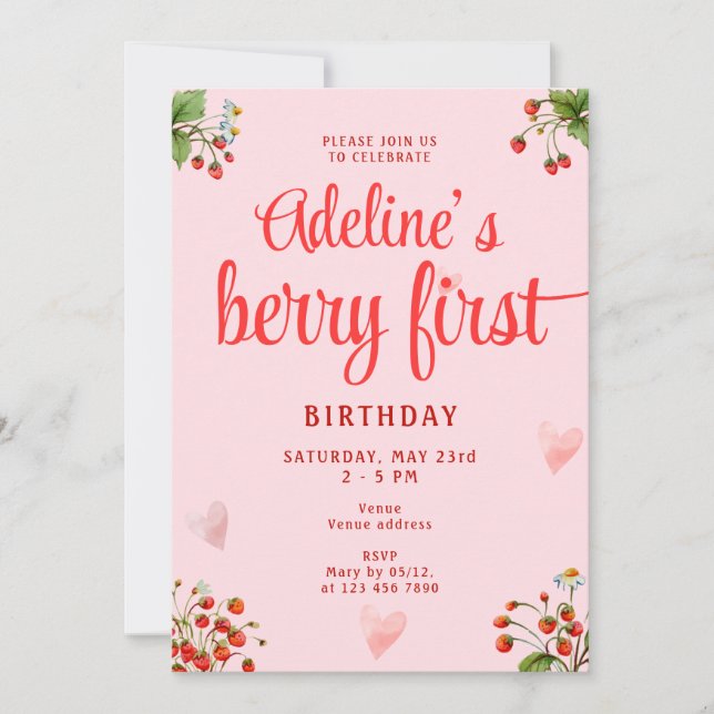 Berry First Pink Strawberry 1st Birthday Party Invitation (Front)