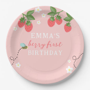 Berry First Pink Strawberry and Flowers Paper Plate