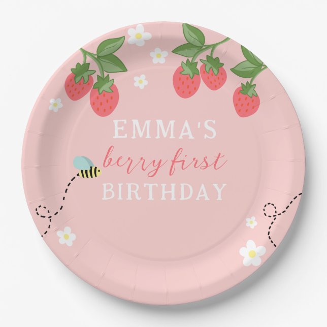 Berry First Pink Strawberry and Flowers Paper Plate (Front)