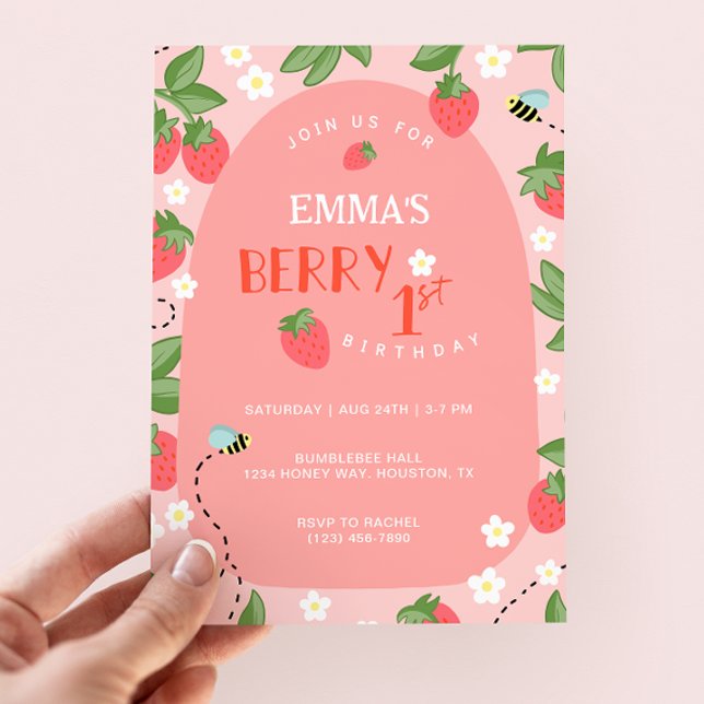 Berry First Pink Strawberry Bees Birthday Party Invitation (Creator Uploaded)