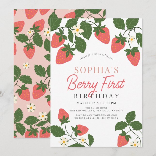 Berry First Pink Strawberry Floral 1st Birthday Invitation (Front/Back)