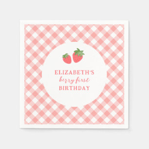 Berry First Pink Strawberry Gingham Birthday Napkin