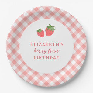 Berry First Pink Strawberry Gingham Paper Plate