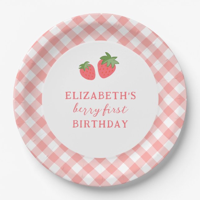 Berry First Pink Strawberry Gingham Paper Plate (Front)