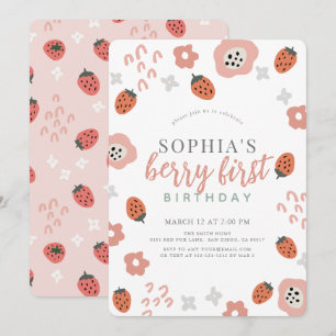 Berry First Pink Strawberry Girl 1st Birthday Invitation