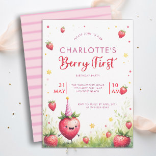 Berry First Pink Strawberry Patch 1st Birthday Invitation