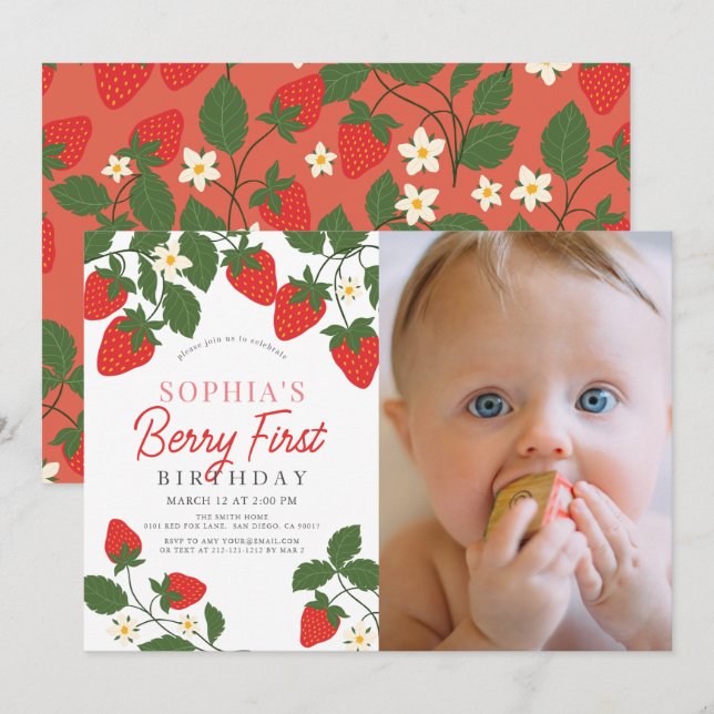 Berry First Red Strawberry Photo 1st Birthday Invitation (Front/Back)