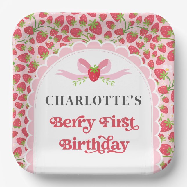 Berry First Strawberry 1st Birthday 9" Square Paper Plate (Front)