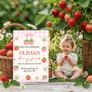 Berry First Strawberry 1st Birthday Custom Photo Invitation