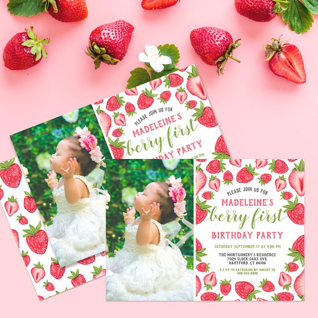 Berry First Strawberry 1st Birthday Custom Photo Invitation (Creator Uploaded)