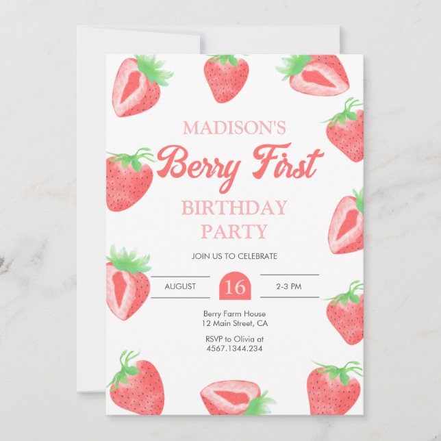 Berry First Strawberry 1st Birthday Invitation (Front)