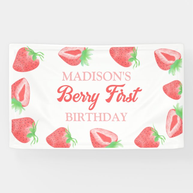 Berry First Strawberry 1st Birthday Party Banner (Horizontal)