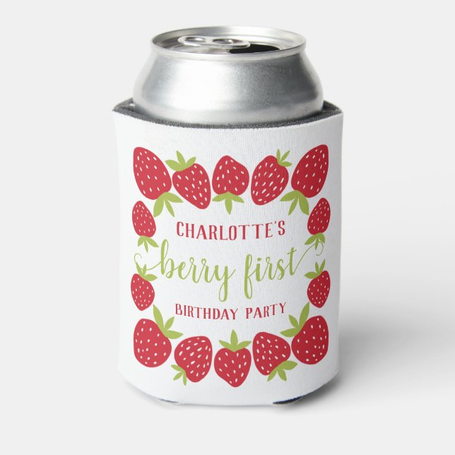  Berry First Strawberry 1st Birthday Party Custom Can Cooler (Can Back)
