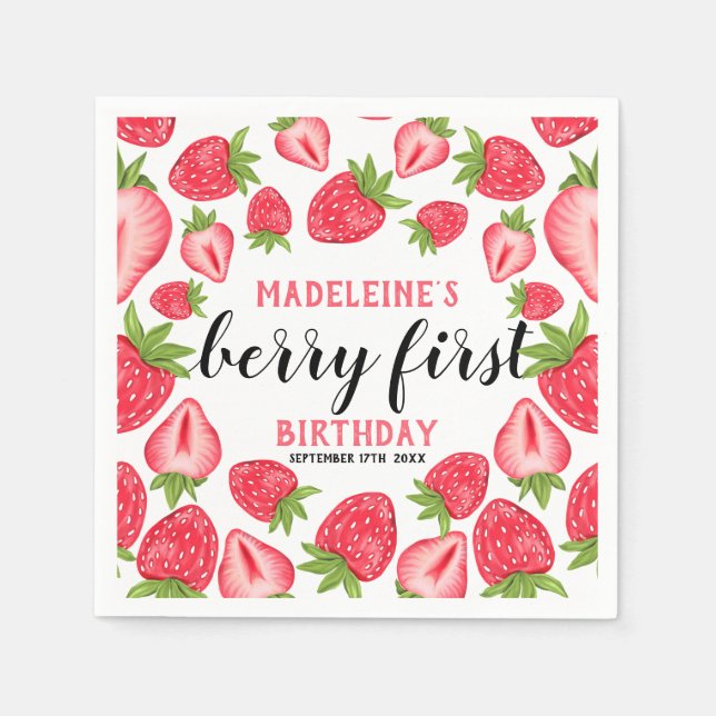 Berry First Strawberry 1st Birthday Party Custom Napkin (Front)