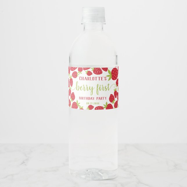  Berry First Strawberry 1st Birthday Party Custom Water Bottle Label (Front)