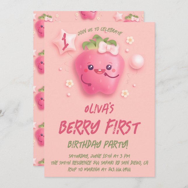  Berry First Strawberry 1st Birthday Party Invitat Invitation (Front/Back)