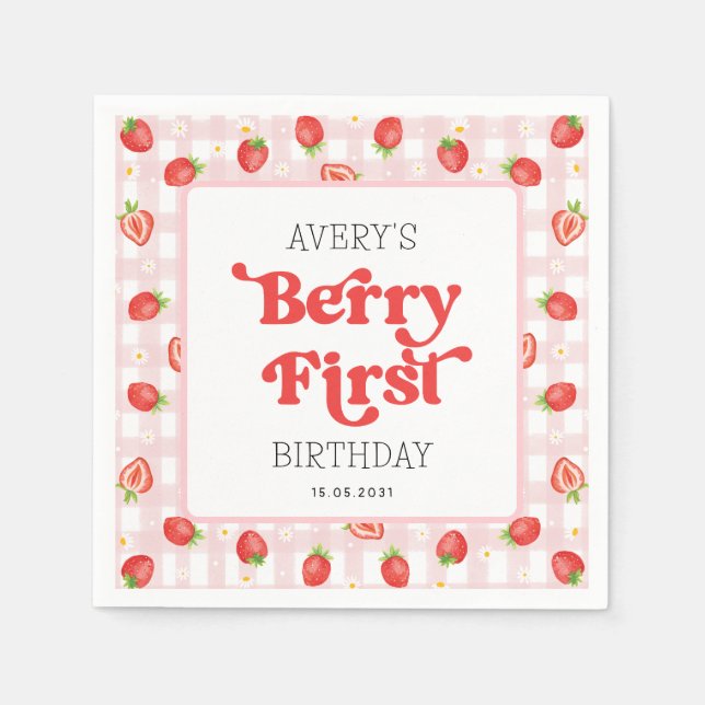 Berry First Strawberry 1st Birthday Party Napkin (Front)