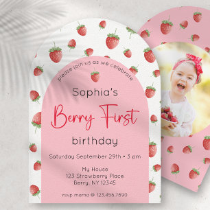 Berry First Strawberry 1st Birthday Photo Invitation