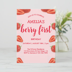 Berry First   Strawberry 1st Birthday pink Invitation