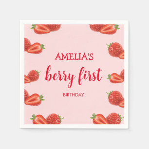 Berry First Strawberry 1st Birthday pink Napkin