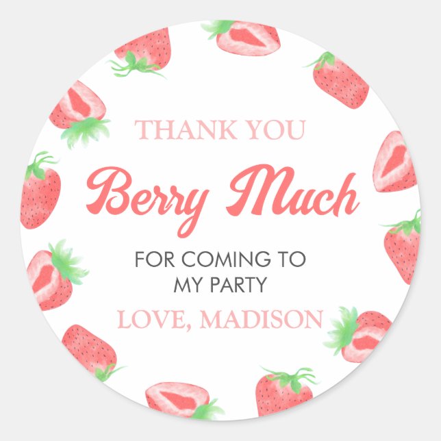 Berry First Strawberry 1st Birthday Thank You Classic Round Sticker (Front)